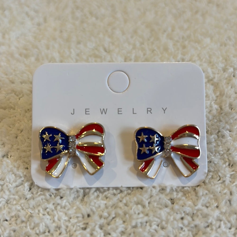 Patriotic Bow Fashion Earrings w Crystal Accents NWT